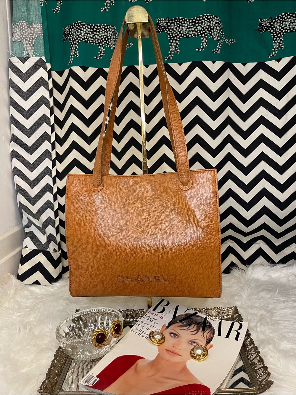 Vintage CHANEL Caviar Leather Embroidered Logo Tote Bag - Caramel 5-Series